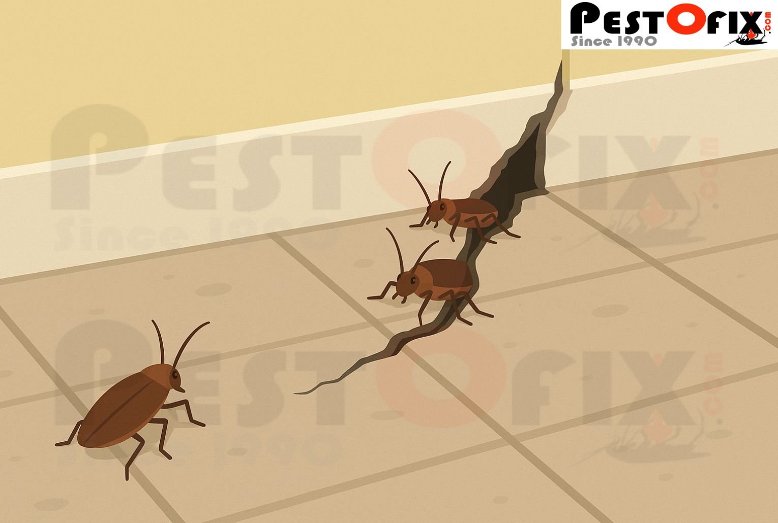 Illustration showing cockroaches entering through a crack in broken floor tiles near a wall