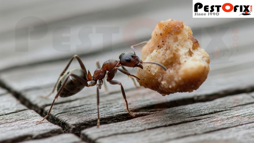 Scout ant carrying a piece of food after discovering a source