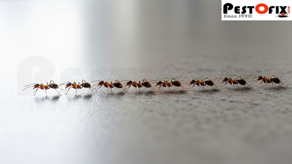 Ants following a pheromone trail in a line toward a food source