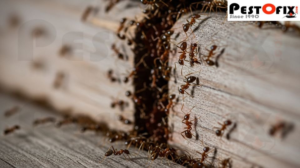 Ants nesting indoors near cracks and baseboards