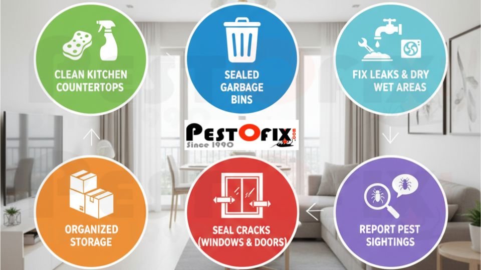 Infographic showing simple pest prevention habits for apartment residents in Gurgaon