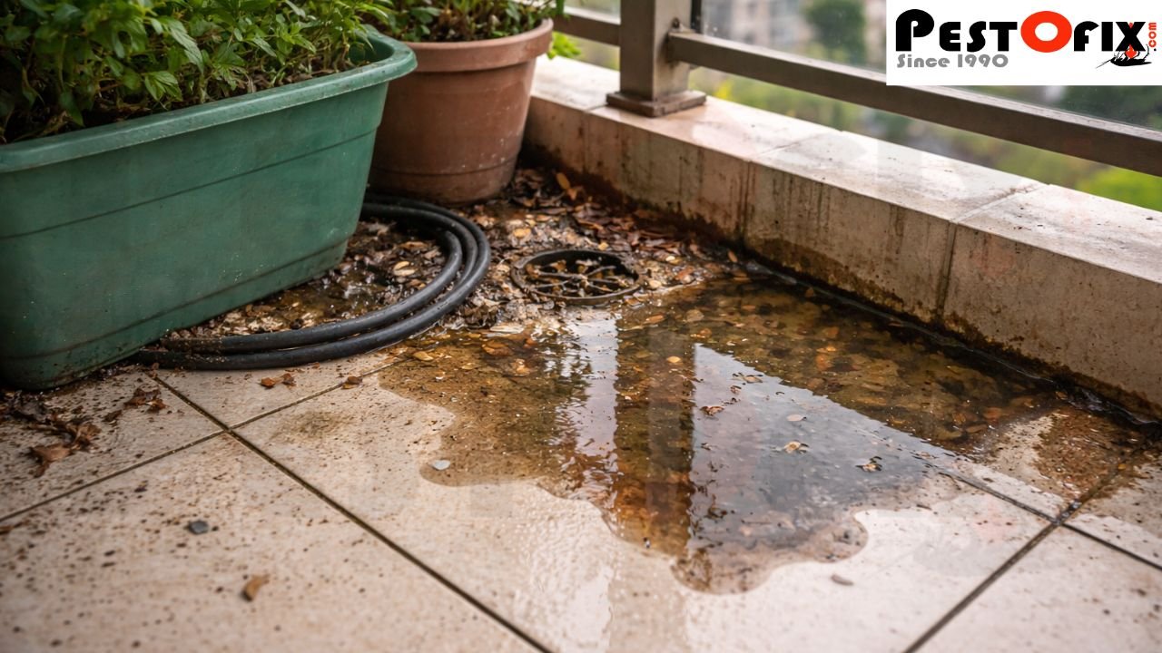 Standing water in apartment balcony corner causing mosquito breeding