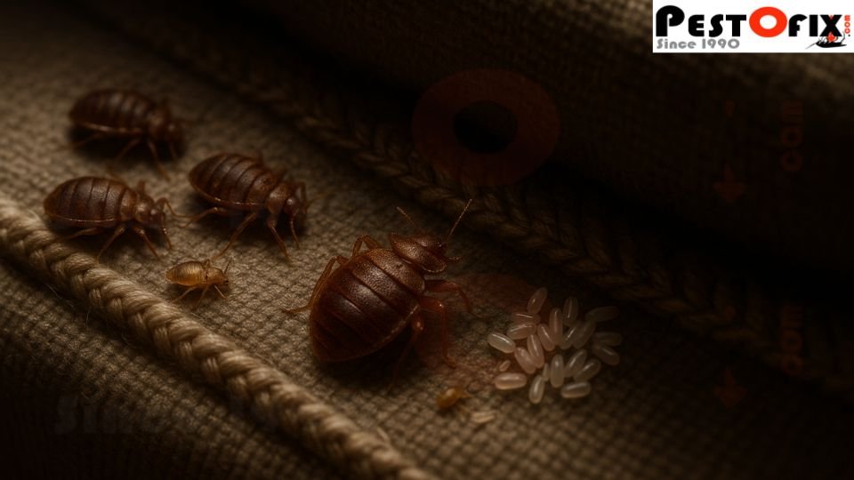 Bed bug colony with eggs hidden in mattress seam