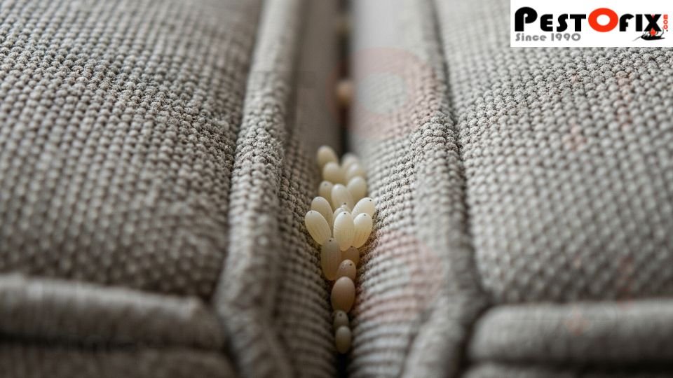 Close-up of tiny white bed bug eggs nestled in the seams of a beige sofa