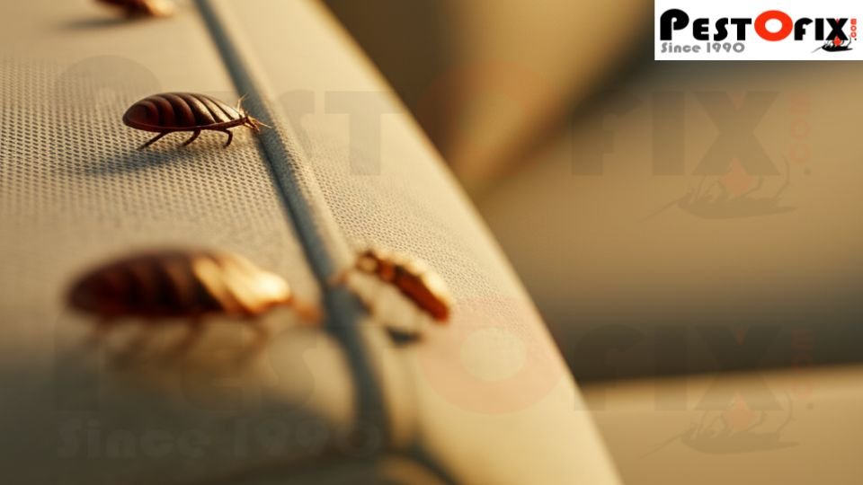 Close-up of a bed bug crawling on a beige sofa cushion seam