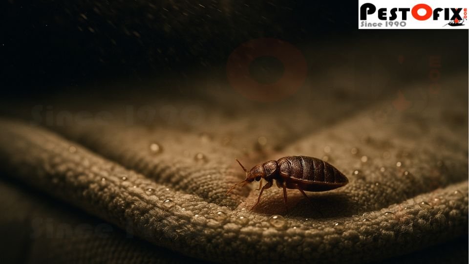 Bed bug crawling alive on sprayed mattress surface