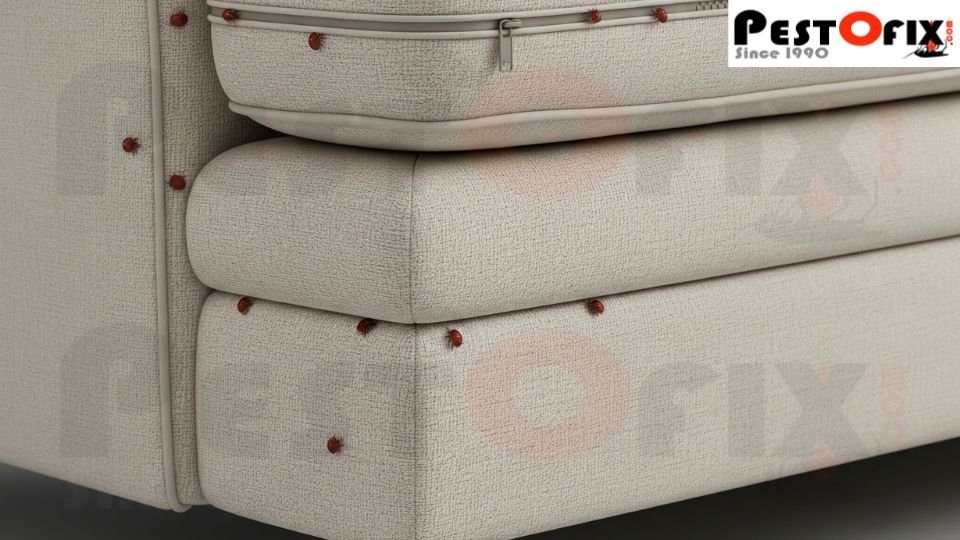 Close-up of bed bugs hiding in the fabric folds and wooden joints of a beige sofa