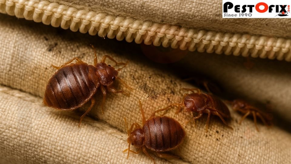 Close-up of bed bugs hiding inside a mattress seam and zipper fold