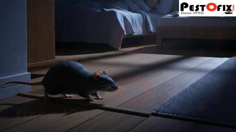 Black rat moving swiftly along the baseboard in a dimly lit bedroom at night while family sleeps