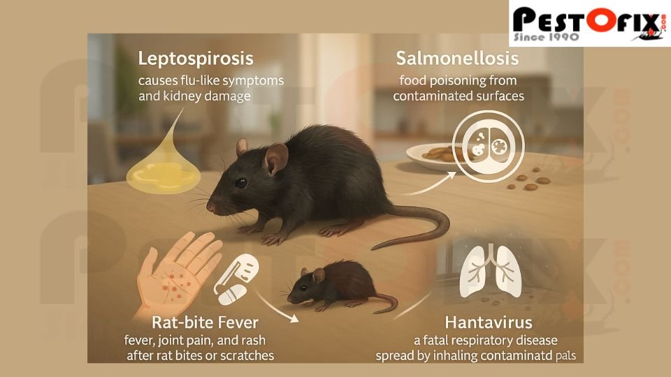 Illustration showing health risks of black rats including leptospirosis, salmonellosis, rat-bite fever, and hantavirus.