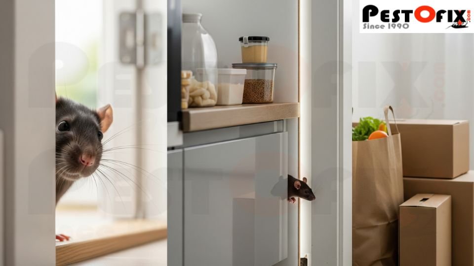 Black rat sneaking into a clean home through a small gap near grocery bags and vents