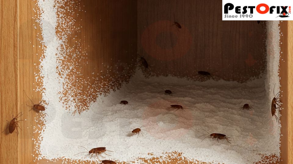 Clean wooden kitchen cabinets with boric acid powder, but cockroaches still present due to incorrect application