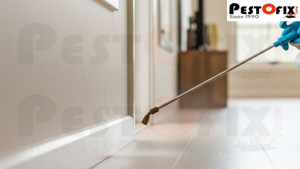 Pest control technician applying liquid termiticide along the foundation of a house to create a protective barrier against termites