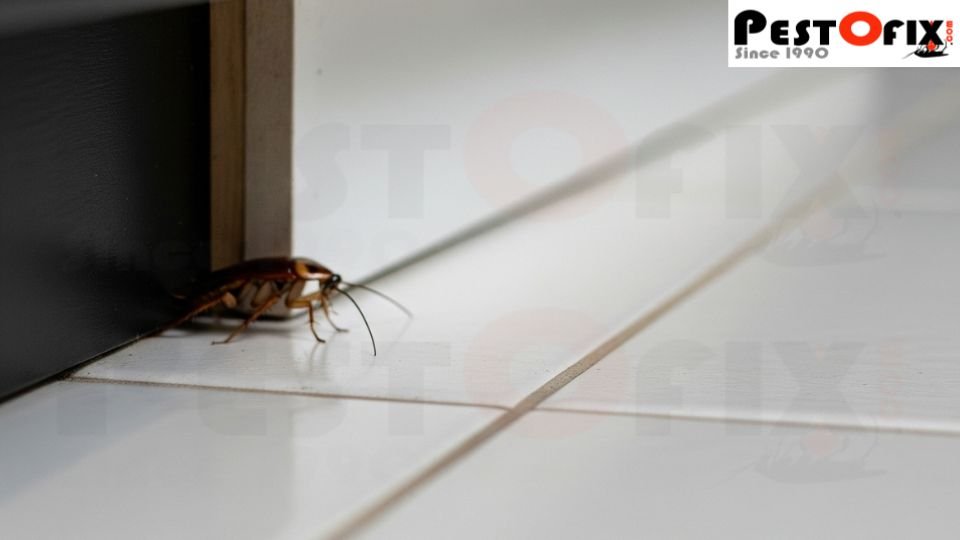 Close-up of a hidden cockroach in a clean Indian kitchen, symbolizing the hidden health threat