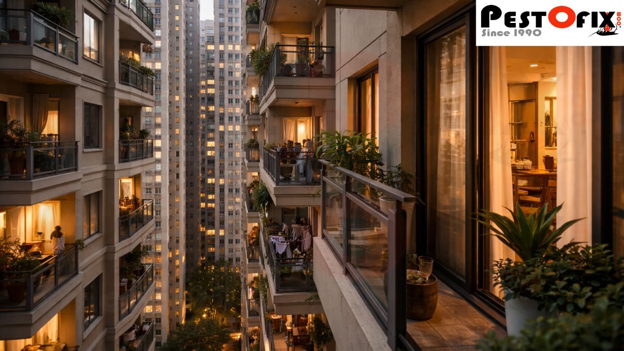 Closely connected residential balconies and windows creating shared indoor-outdoor environments