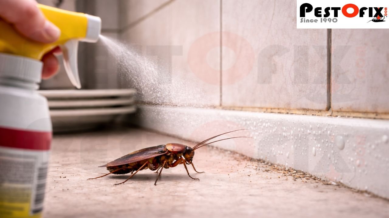 Cockroach exposed to spray treatment in kitchen area showing surface-level control