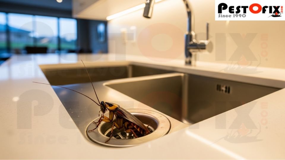 Cockroach crawling out of a kitchen drain