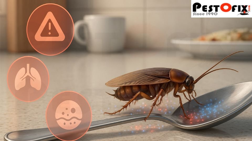 Health risks caused by cockroach infestation including food poisoning, asthma, and allergies