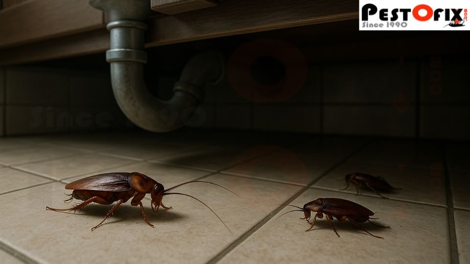 Cockroach infestation under kitchen sink area showing hidden breeding zones