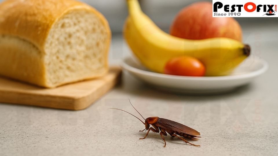 Cockroach crawling near uncovered food showing contamination risk