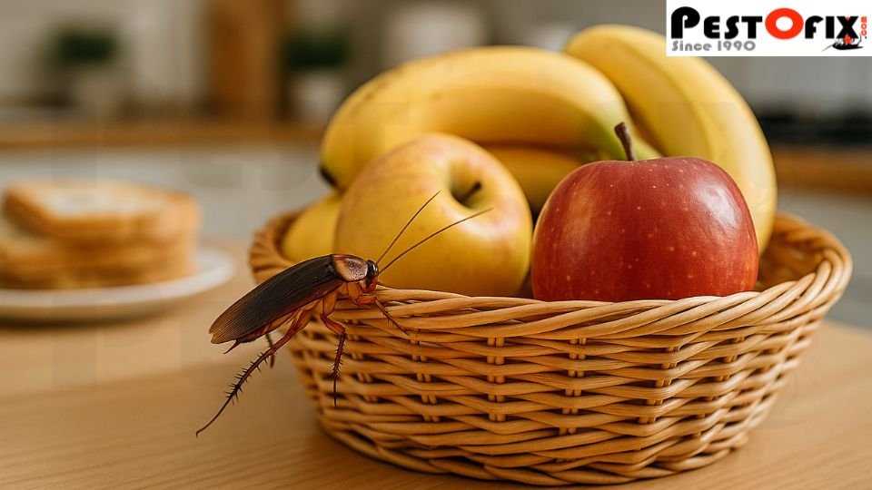 Cockroach on fruit basket with apples and bananas in a kitchen