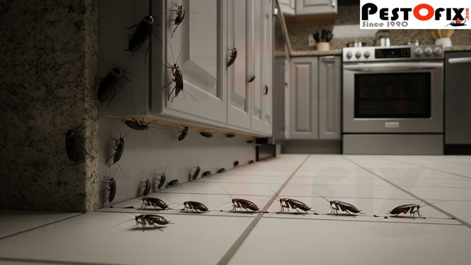 Kitchen cabinet with 6 to 7 cockroaches crawling out from the base after a one-time pest control spray treatment, showing reinfestation