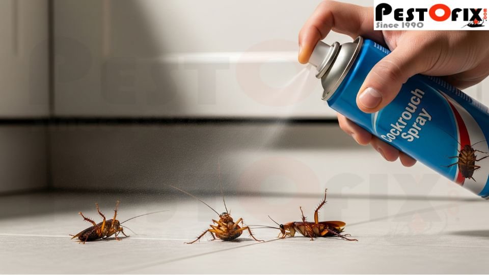Realistic photo of a hand spraying cockroach insecticide on 2-3 cockroaches crawling on a tiled kitchen floor near a wall