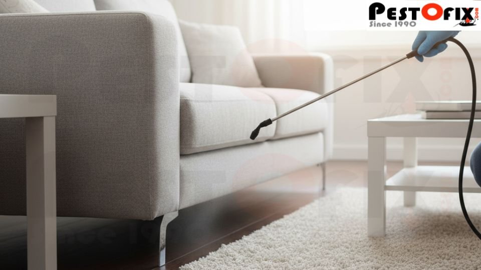 Cockroach control technician spraying chemical under sofa in a clean Delhi home