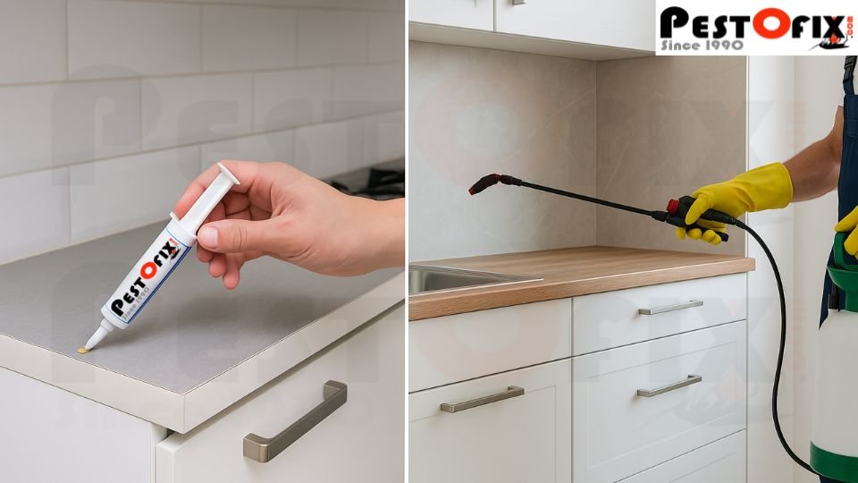 Technician applying cockroach control gel in kitchen corners for odorless pest treatment