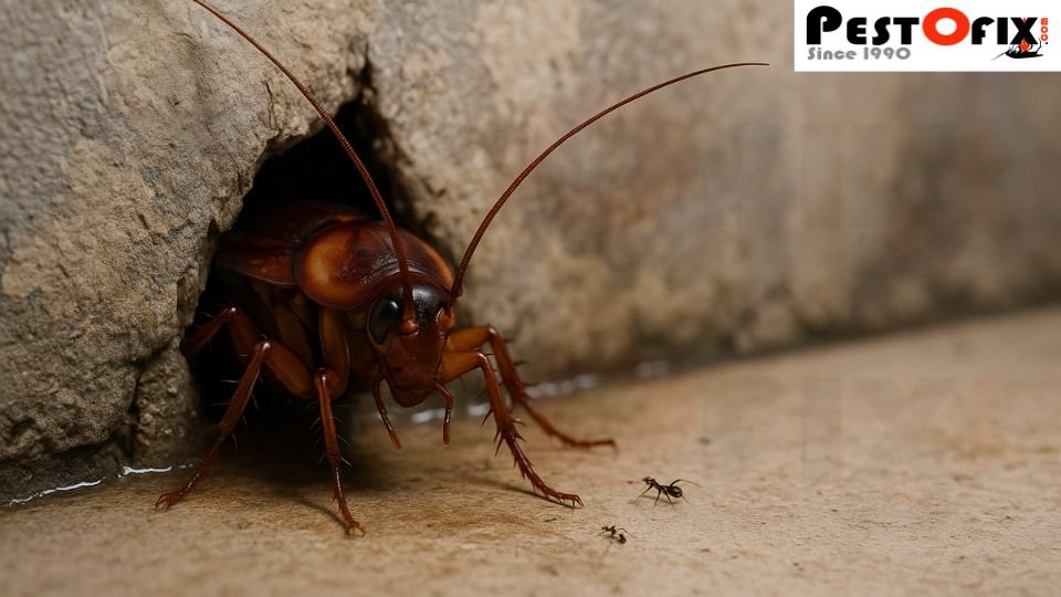 Cockroach crawling out of a wall crack with moisture, showing how pests re-enter homes in Delhi NCR