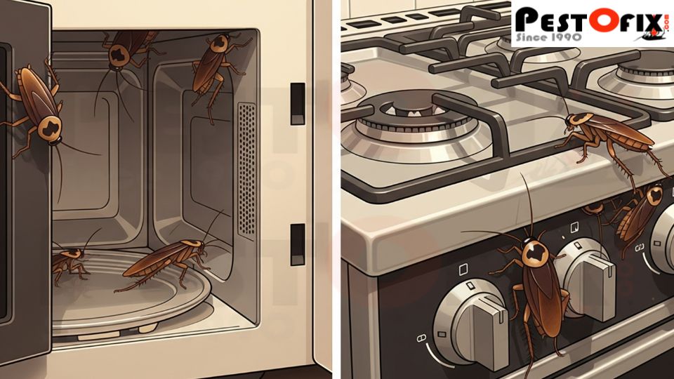 Cockroaches hiding inside microwave and gas stove in a clean kitchen