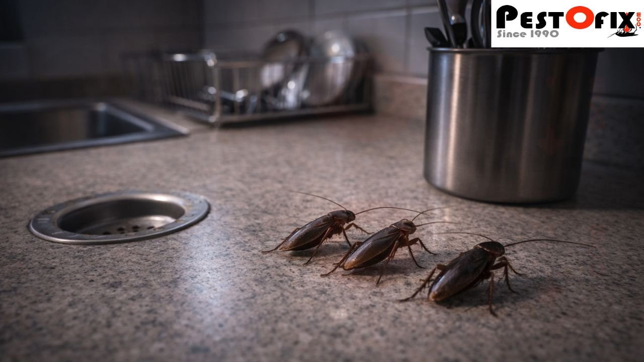 Cockroaches moving across a clean kitchen countertop near the sink during nighttime
