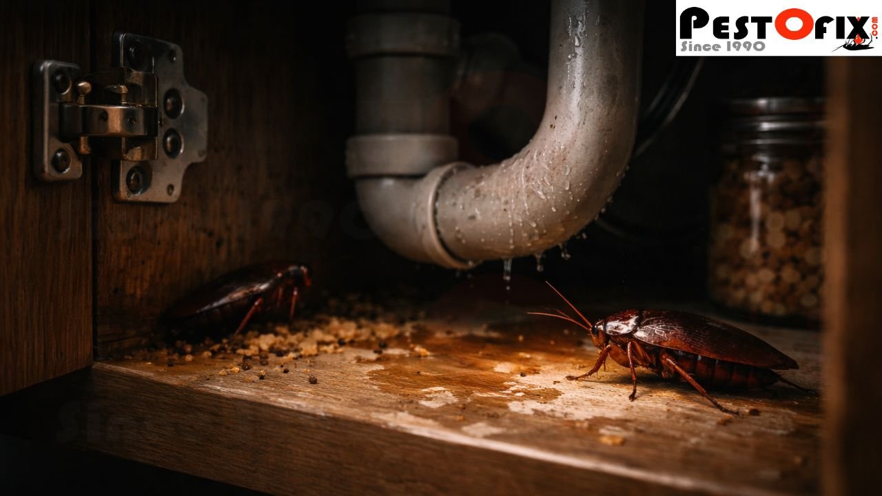 Cockroaches hiding under kitchen sink cabinet near leaking drain pipes and moisture