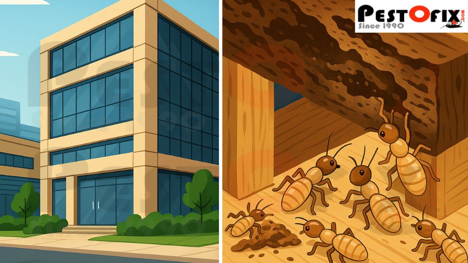 Illustration showing commercial building with termite damage on one side and protected structure on the other