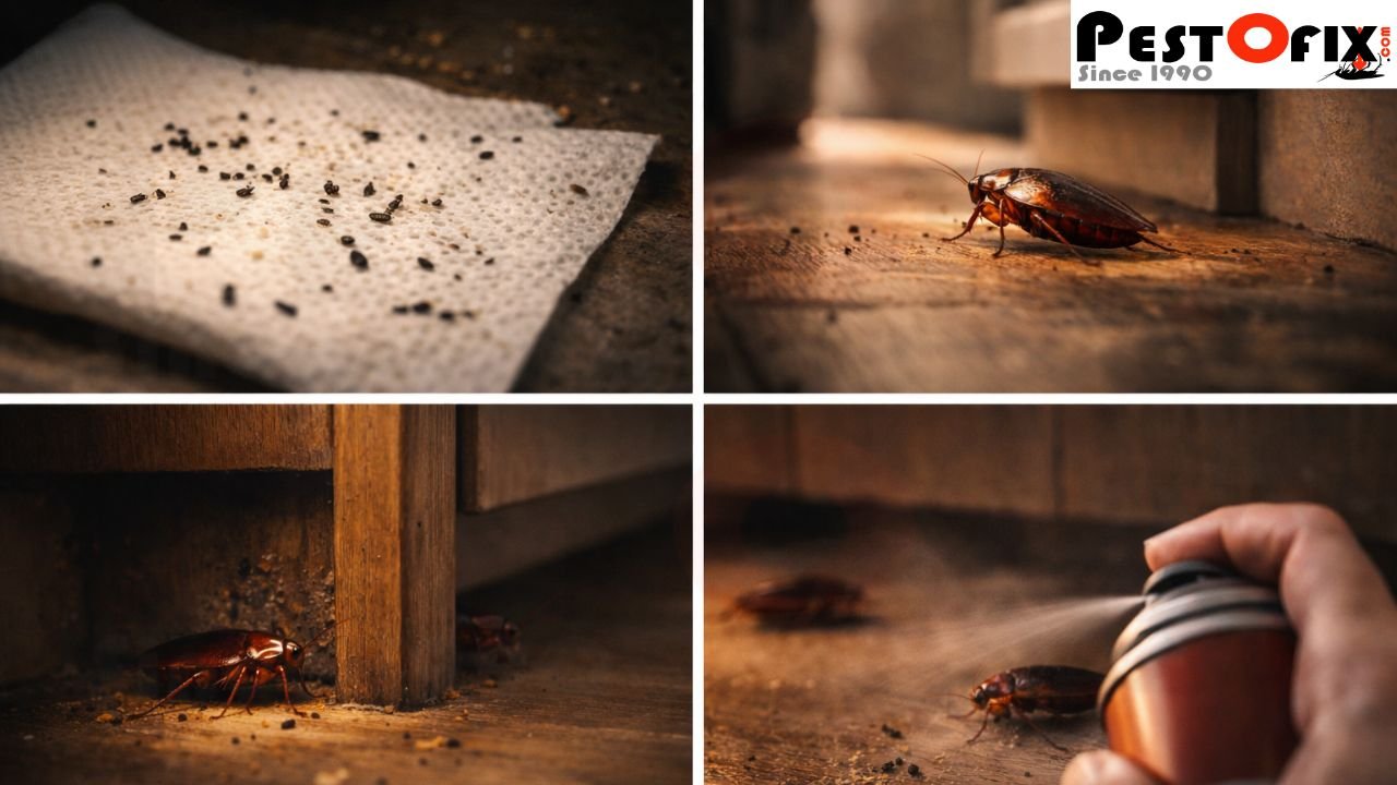 Common signs of cockroach infestation in home including droppings, daytime sightings, baby cockroaches, and spray failure