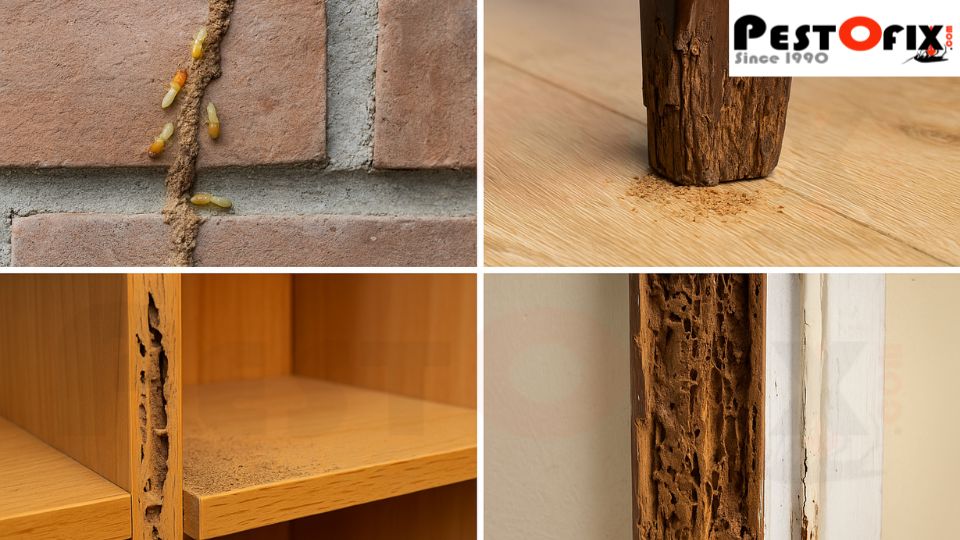 Multiple signs of termite infestation in Vasundhara Ghaziabad homes including mud tubes, damaged wooden furniture, infested almirah, and hollow door frame