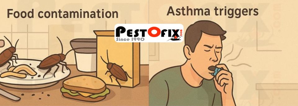 Cockroaches contaminating food, causing health risks, asthma triggers, and damaging household items