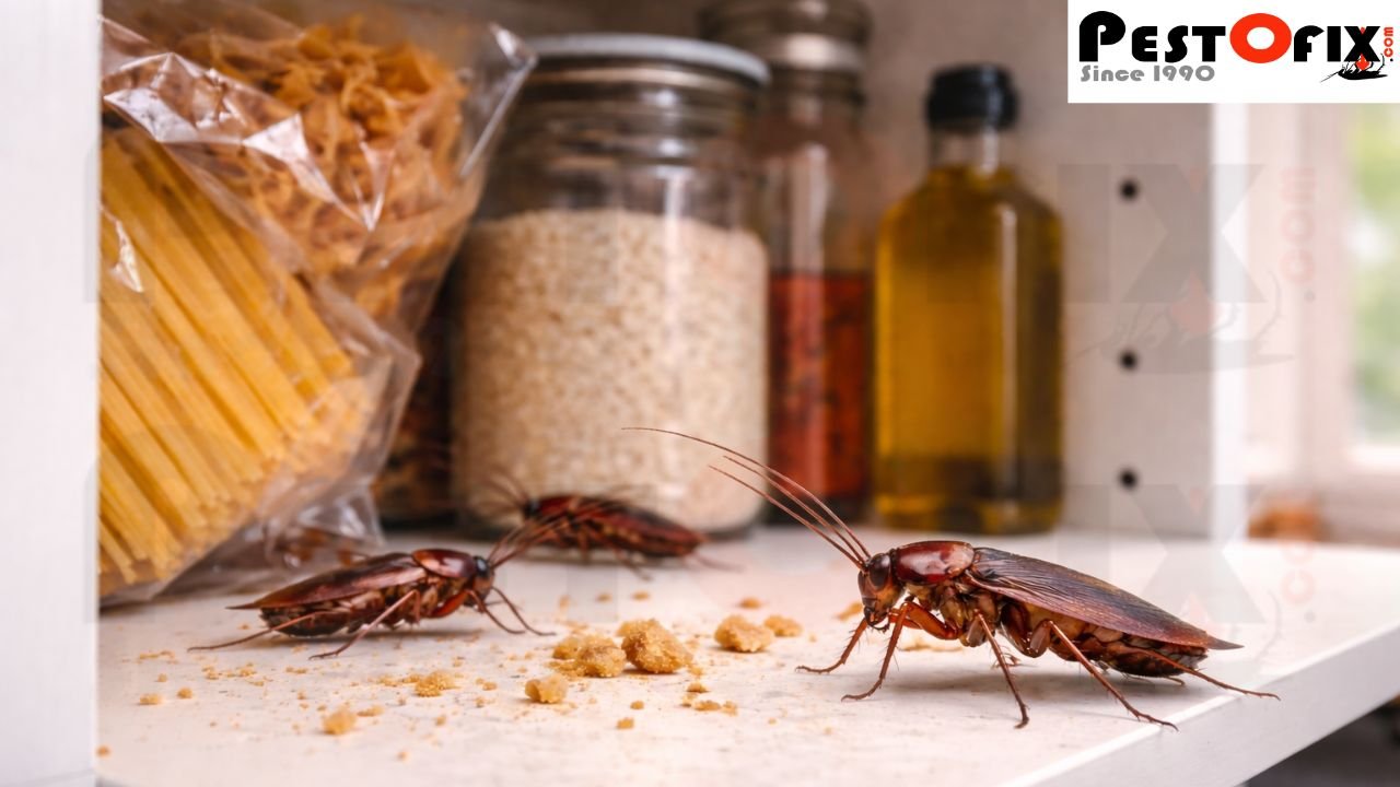 Cockroach visible inside kitchen cabinet during daytime indicating infestation
