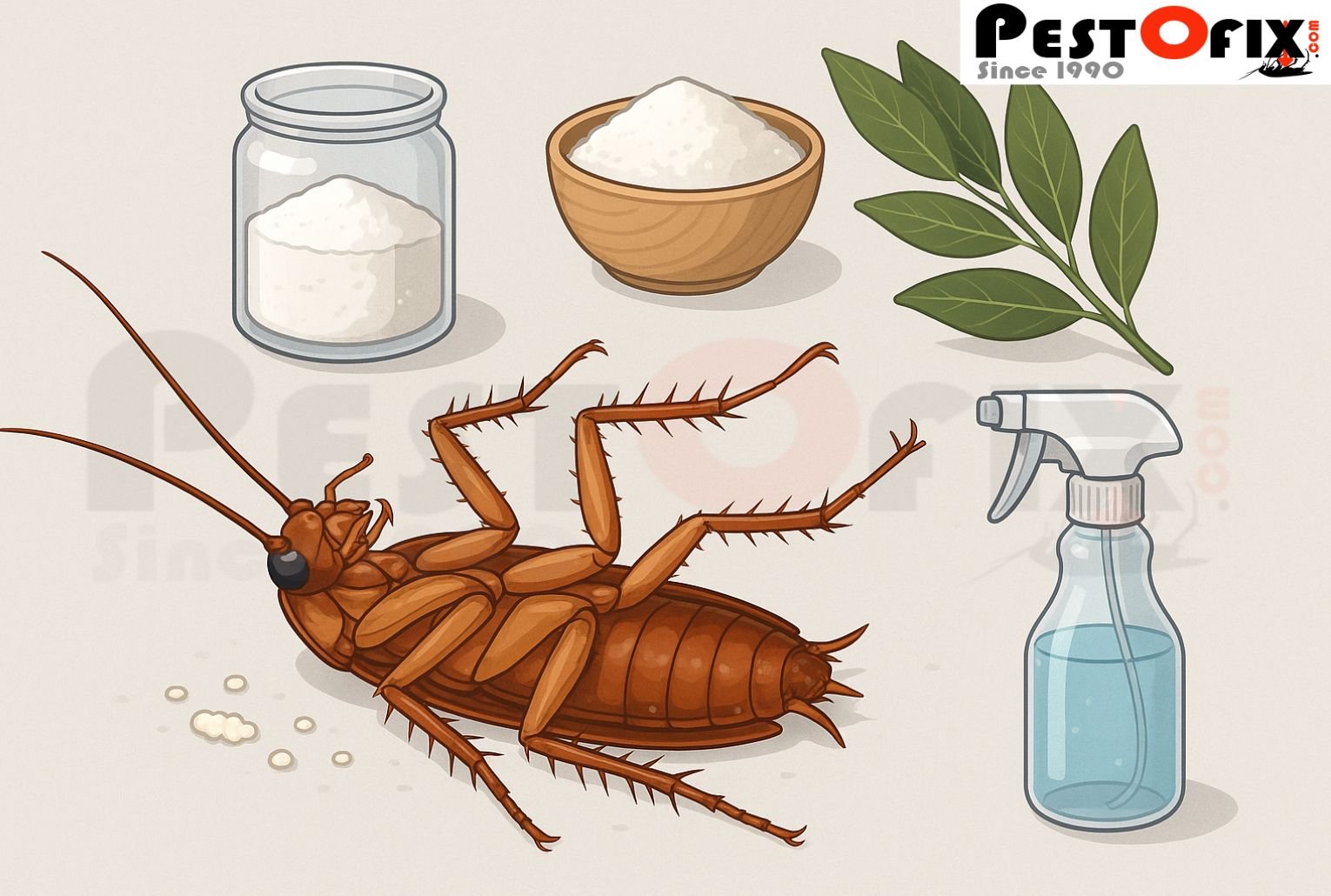 Illustration of a dead cockroach with home remedies like baking soda, bay leaves, and a spray bottle