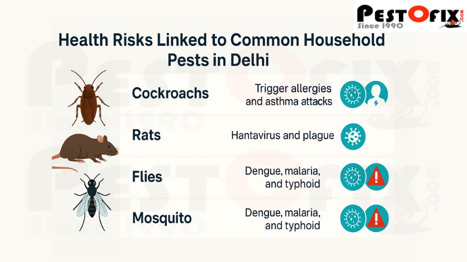 Infographic showing health risks linked to common household pests in Delhi such as cockroaches, rats, mice, flies, and mosquitoes