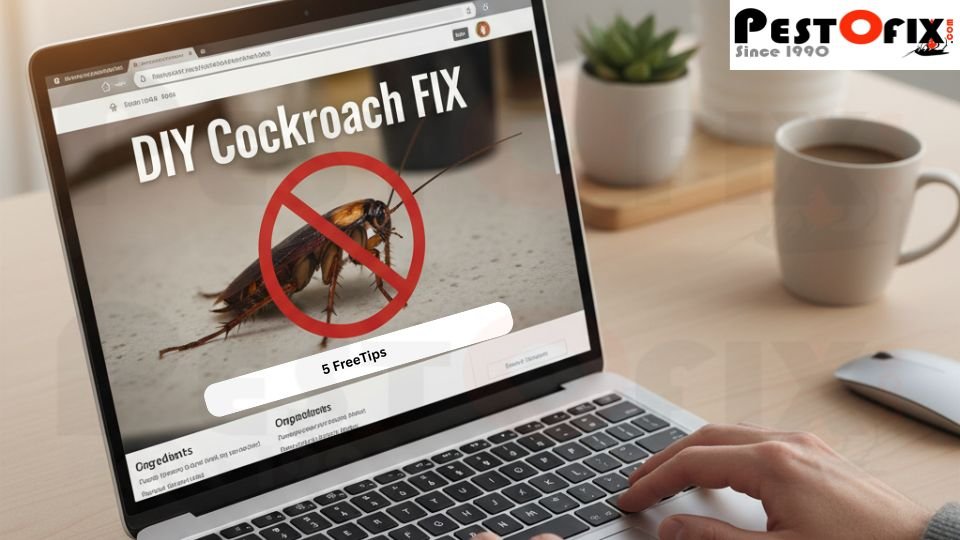 Person searching online for DIY cockroach fix with red caution circle on screen