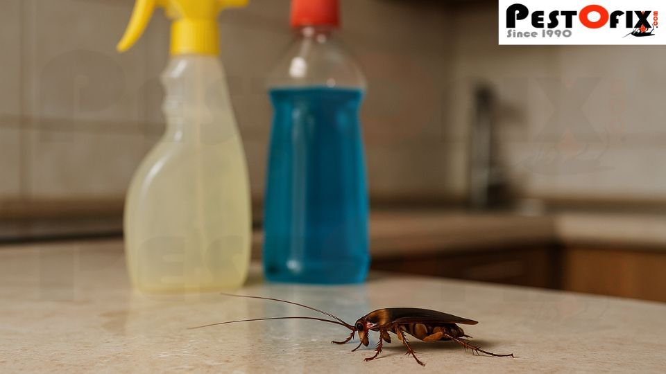 Cockroach crawling on a kitchen counter near DIY cleaning sprays showing why home remedies fail in Delhi NCR homes