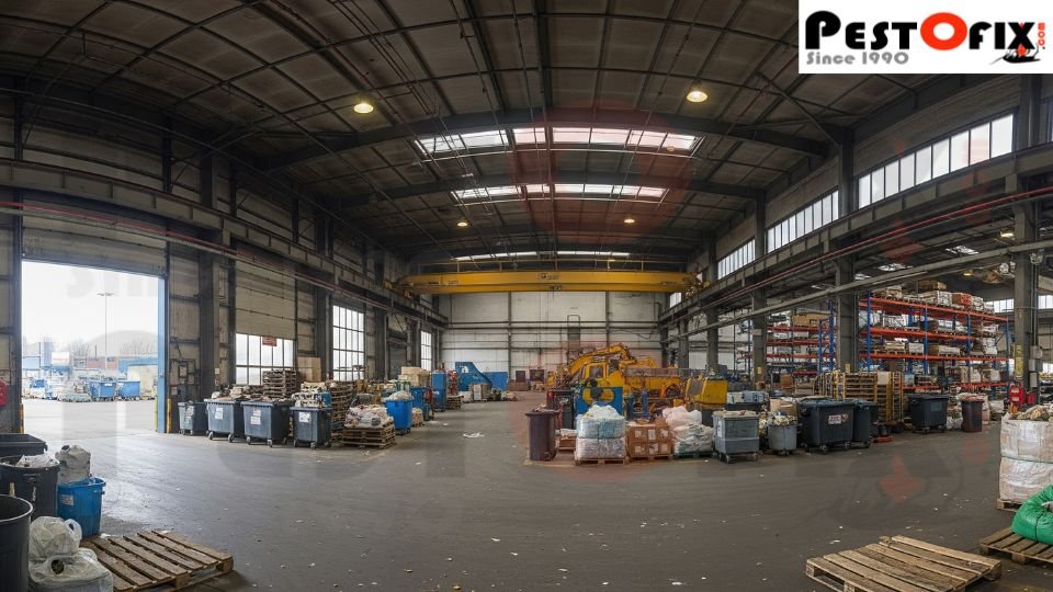 Interior of a large factory with storage clutter, open vents, and waste zones — key risk areas for rats
