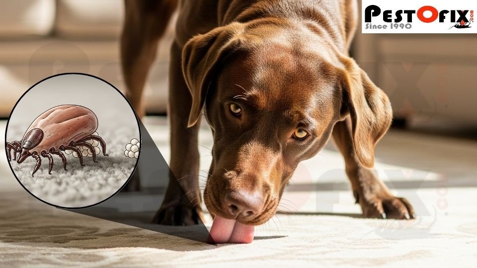 Illustration of a female tick laying eggs on carpet or pet bedding and dog licking the carpet