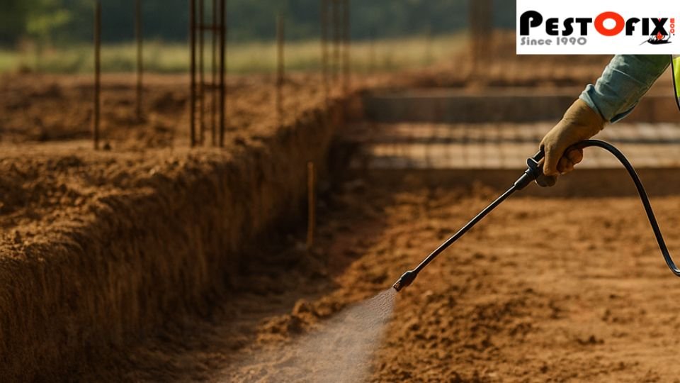Construction worker treating soil with protective spray before foundation work in Delhi NCR