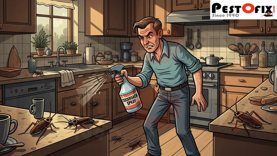 Frustrated homeowner spraying cockroach spray while cockroaches keep returning in the kitchen