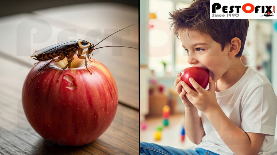 A German cockroach crawls on a fresh apple; the same apple is bitten and eaten by a young boy at home