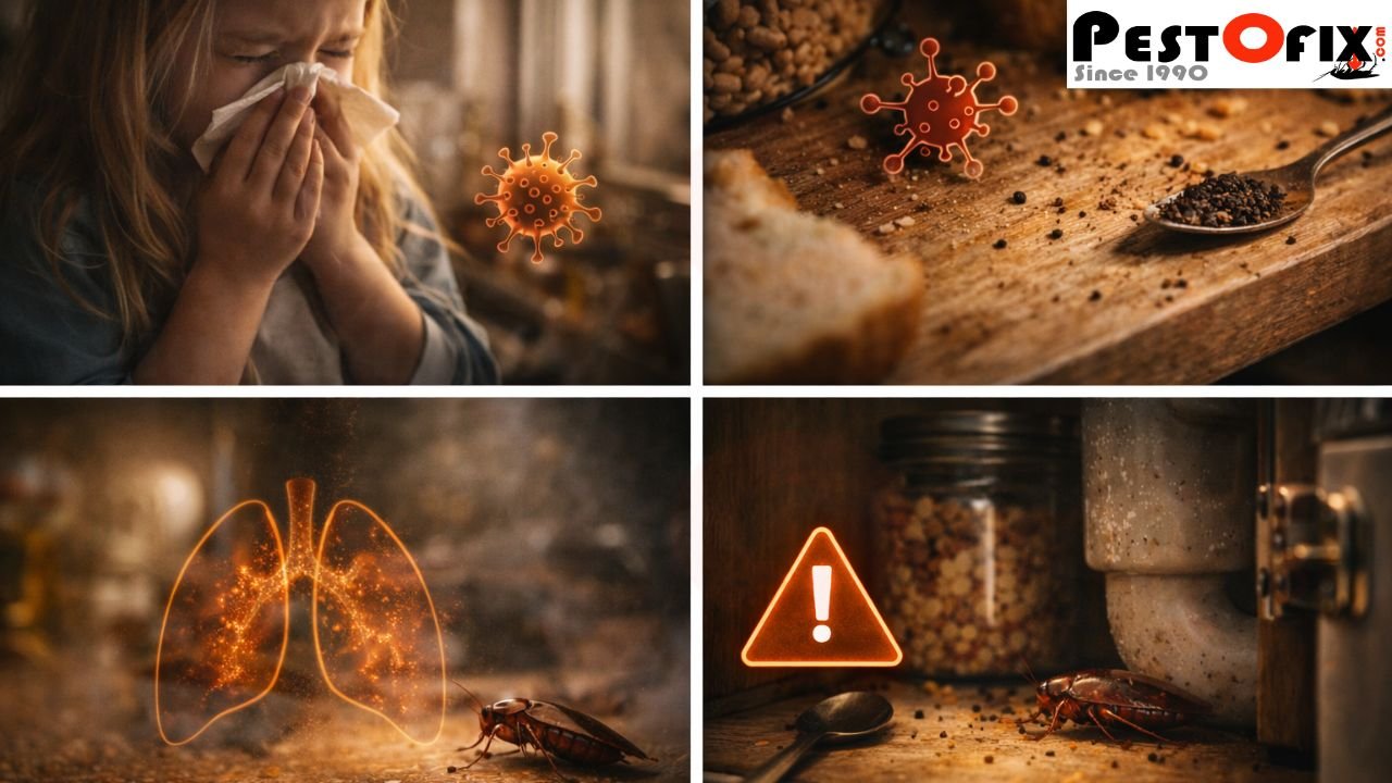 Health risks of cockroach droppings showing food contamination, allergies, bacterial spread, and respiratory problems