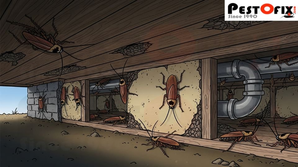 Illustration of hidden cockroaches under home floor and inside walls after one-time pest control treatment fails