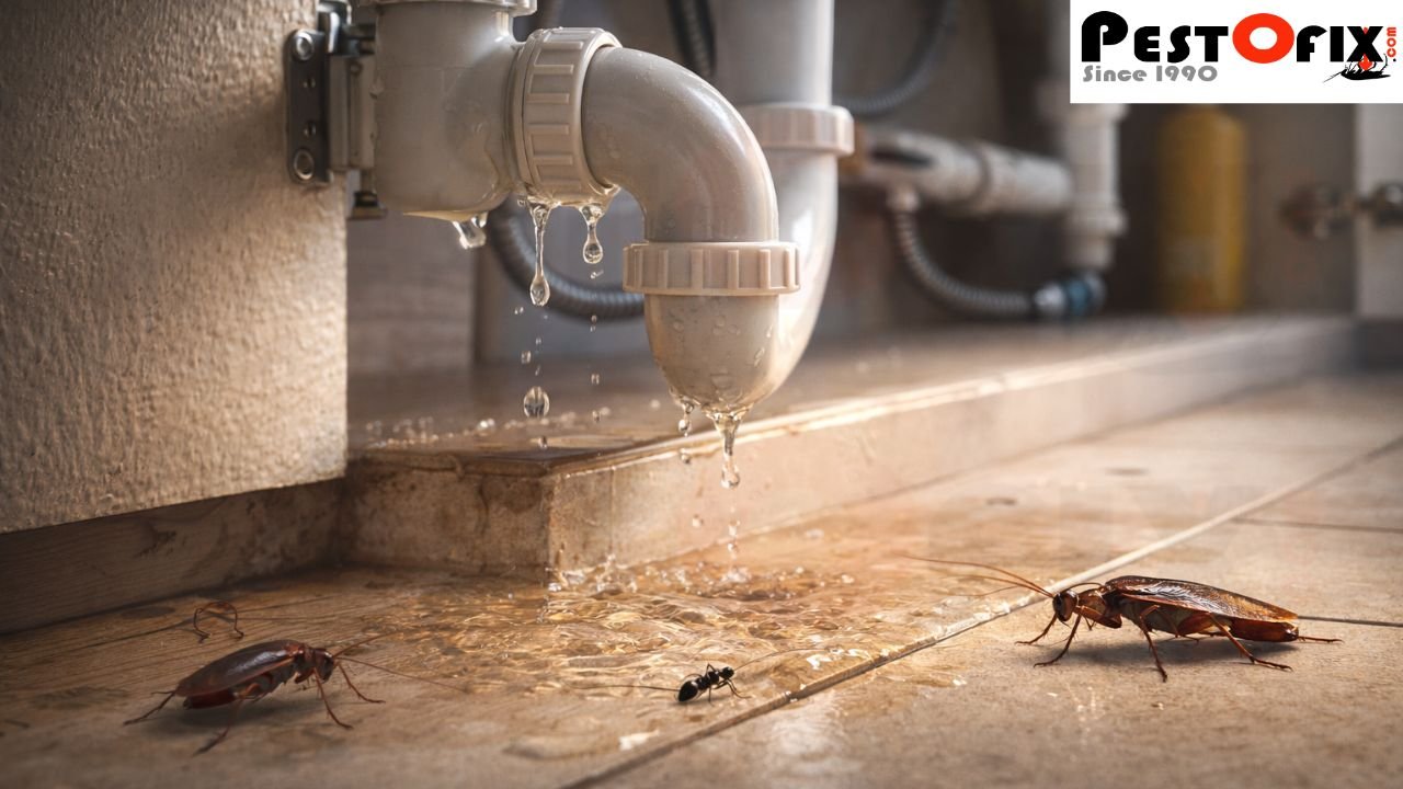 Hidden moisture under kitchen sink attracting cockroaches and ants even after pest control treatment